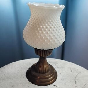 Vintage Solid Brass White Milk Hobnail Glass Candle Holder